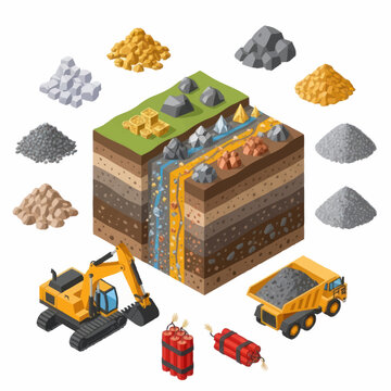Mining industry isometric illustration showing excavation and materials.