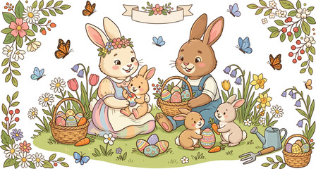 Fototapeta premium Cute Easter bunny family having a spring picnic with decorated eggs and floral baskets cartoon vector illustration