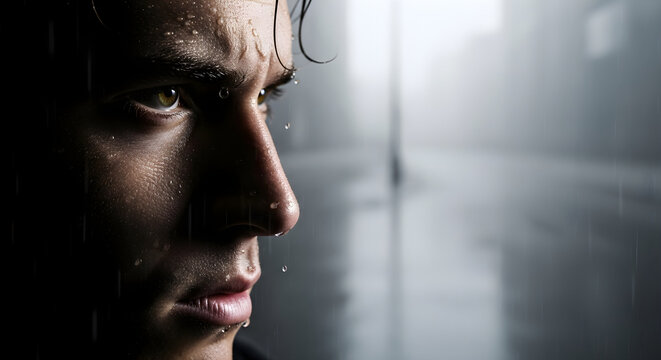 Close up of a young man's face in the rain with water droplets on skin and hair, looking intensely to the side with a blurred urban background.