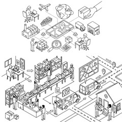 Obraz premium Isometric Logistics and Online Delivery System Workflow Line Art Vector Illustration
