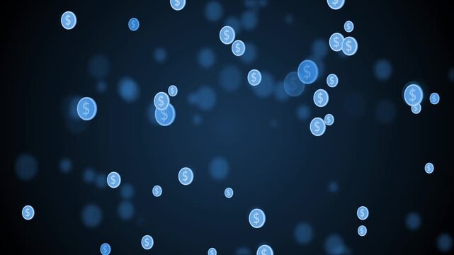 Floating translucent coins marked by dollar signs soft bokeh lights animation