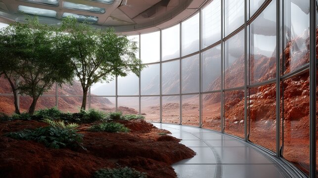Bright atrium hydroponics hub with verdant planters, central pathway curving past nutrient basins and reflective panels, clean engineered space for oxygen production and crop cycles within protective