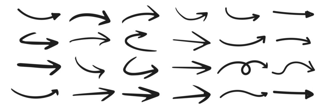 Hand drawn doodle arrow set with curved and straight directions on white background.