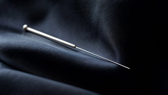 acupuncture. Slender silver acupuncture needle on dark silk fabric. STEM education sheets, lab safety posters, designed for STEM education and laboratory safety posters.