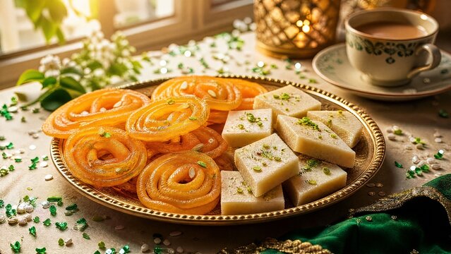 jalebi. Golden jalebi and white barfi on festive plate, edible confetti, chai cup, Pakistani sweets celebration concept for Independence Day. event programs.