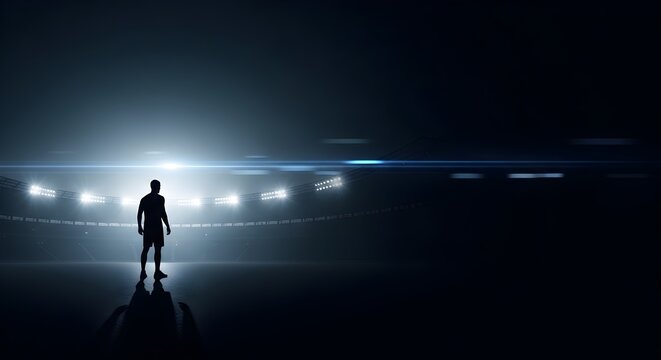 Silhouette of a lone athlete standing on a dark stadium field illuminated by bright stadium lights creating a dramatic atmosphere and reflection