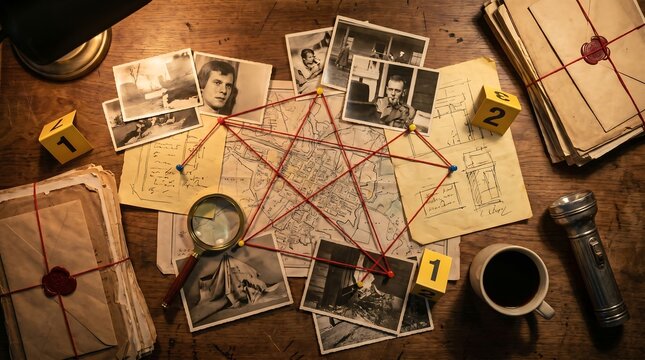 A detective's desk with crime scene evidence and a pentagram drawn on the map