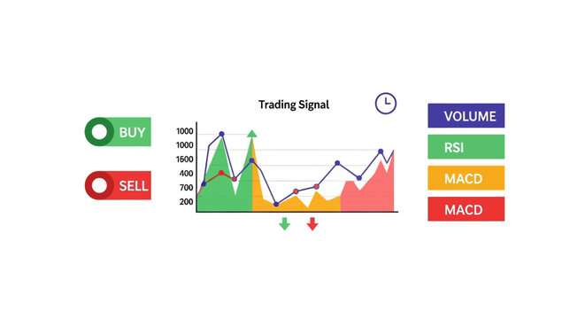 Stock market trading chart with buy sell signals and indicators