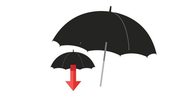 Two umbrellas, one large and one small, with a red arrow indicating descent.