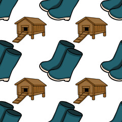 Seamless vector pattern of blue rubber boots and wooden chicken coops, farm illustration © Khrystyna Turchyn