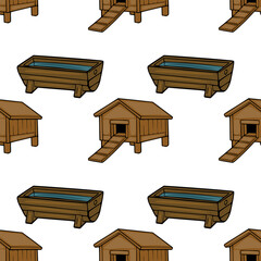 Seamless vector pattern of rustic wooden chicken coop and water trough illustrations © Khrystyna Turchyn