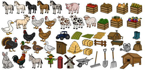 A charming vector set of farm animals, crops in crates, and rustic farm elements, perfect for countryside illustrations. © Khrystyna Turchyn