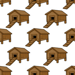 Seamless vector pattern of rustic brown wooden chicken coops with ramps on a white background © Khrystyna Turchyn
