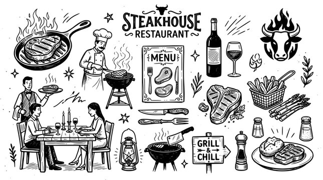 Steakhouse restaurant menu hand drawn doodle set