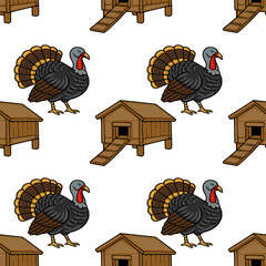 Seamless vector pattern of a cartoon turkey and chicken coop, isolated on white. © Khrystyna Turchyn