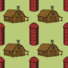 Seamless vector pattern of charming wooden barns and red silos with chicken weather vanes on a light green background. © Khrystyna Turchyn