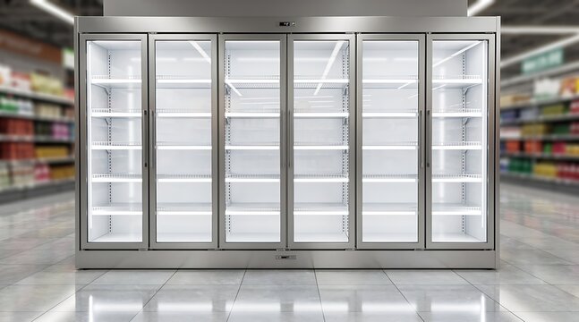 Empty Refrigerated Display Cases in a Supermarket Aisle, Ready for Products.