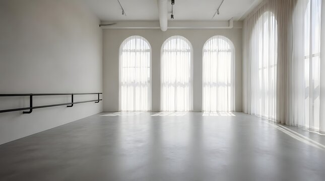 Empty ballet dance studio with barre and large arched windows.
