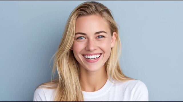 Smiling woman poses for a picture with light blue background during a photo shoot
