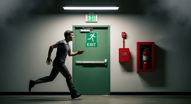 Man urgently running towards an exit door in a dimly lit corridor.