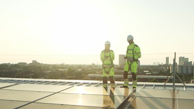 Two engineers in safety clothing with helmet check solar system at rooftop with city view. Engineers walk alongside rows of solar panels. Man and woman workers inspecting solar farm on roof in evening