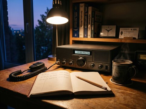 Ham radio logbook hobby desk at dusk for analog work stress relief