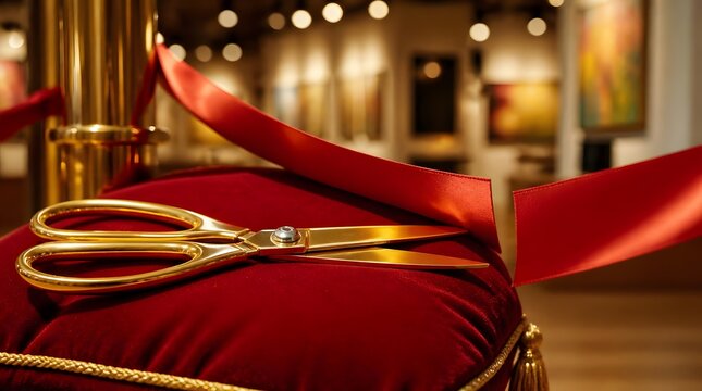 Golden scissors on red velvet cushion next to cut ribbon for grand opening ceremony.