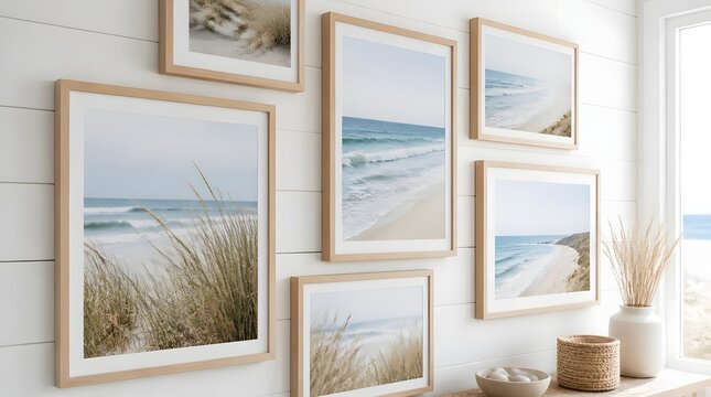 Modern coastal gallery wall with framed beach prints on white shiplap.