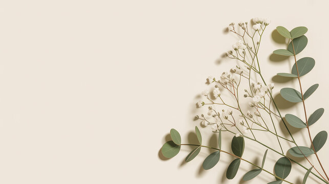 Delicate sprigs of white baby's breath flowers and rounded green eucalyptus leaves arranged on a soft beige background casting subtle shadows creating a serene and minimalist composition natural