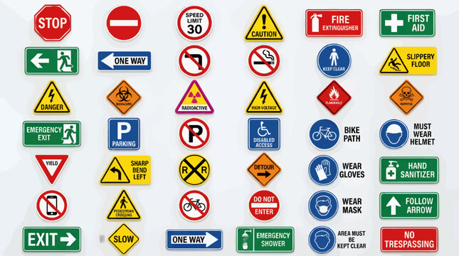 Collection of Safety and Directional Signs, Including Stop, Exit, Caution, Hazard, and Information Symbols, Flat Vector Illustration