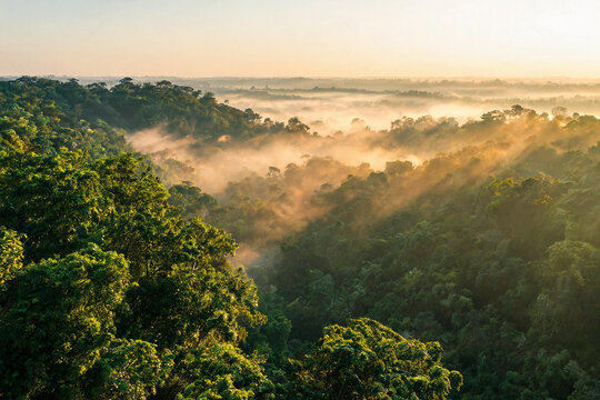 Sunrise over dense green forest with mist and golden light rays