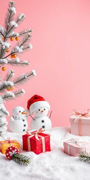 Cute Snowmen with Gifts and Winter Tree on Pink Background