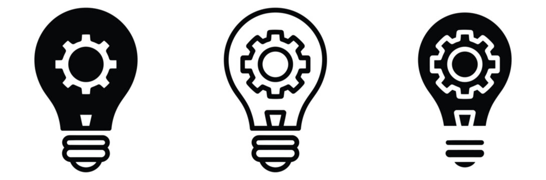Three black and white light bulb icons with gear inside for business and technology concepts, Representing ideas and innovation