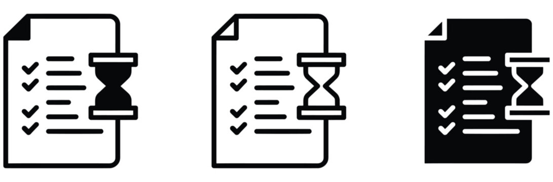 Deadline management icons with hourglasses and checklists on documents for time sensitive tasks and productivity