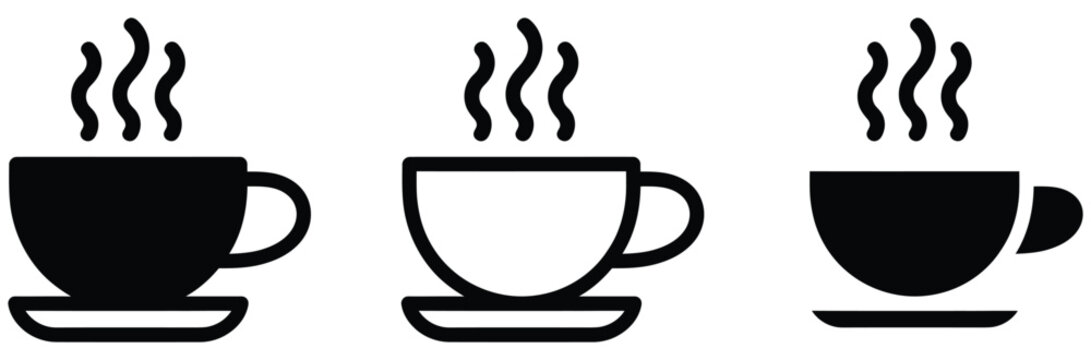 Three steaming hot coffee cups icons in black and white on white background for beverage or breakfast concept