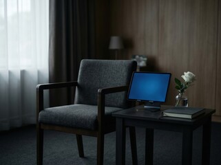 Fototapeta premium Funeral livestream frozen beside empty guest chair for hybrid mourning concept