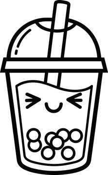 Kawaii boba tea cup doodle with happy face and tapioca pearls, black and white line art.