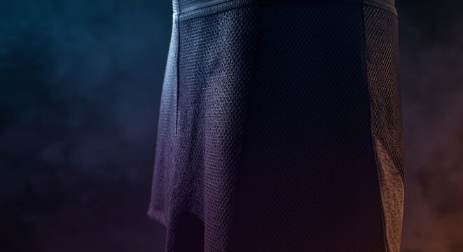 Close up of dark textured athletic skirt fabric with subtle lighting and smoky background for sports and fitness apparel