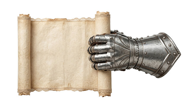 Knight gauntlet holding blank parchment scroll