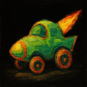 Cartoon car with flames on back in dark background shows action and fun