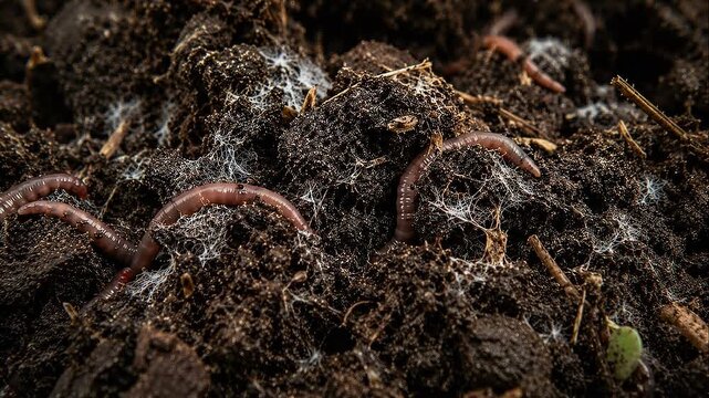 Compost soil worm mycelium carbon farming earthworm organic carbon rich soil with mycelium promoting sustainable farming and healthy compost