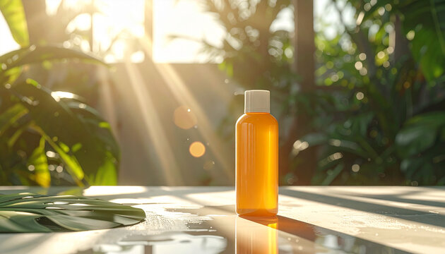 Golden Cosmetic Serum in Tropical Light
