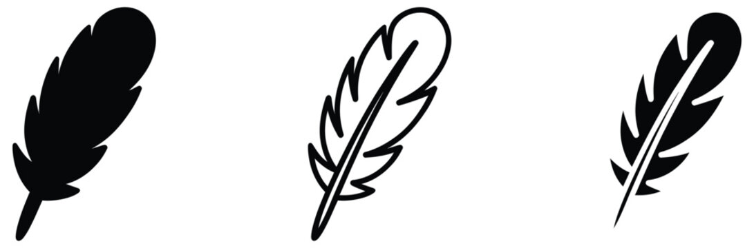 Collection of minimalist feather icons in black and white for design and decoration purposes with simple style