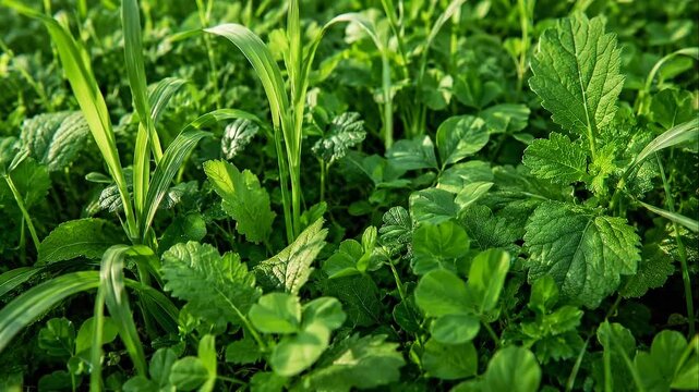 Carbon farming green groundcover of mixed grass clover broadleaf weed and leaf bathed soft sunlight with dew creating lush natural texture and calm