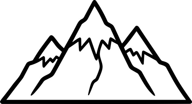 Stylized mountain peaks, simple line art, black and white, vector graphic, adventure symbol