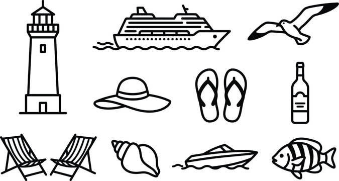Summer Travel Icons: Cruise Lighthouse Beach & Vacation
