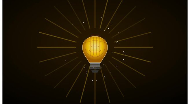 Glowing light bulb with radiant sunburst rays and floating particles animation