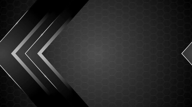 Dark geometric background with hexagonal pattern and layered glowing chevron arrows pointing left animation