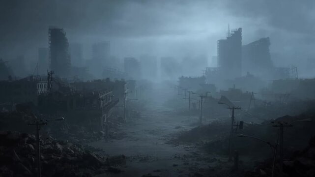 Mysterious urban ruins: silent street enveloped in fog under dreary skies