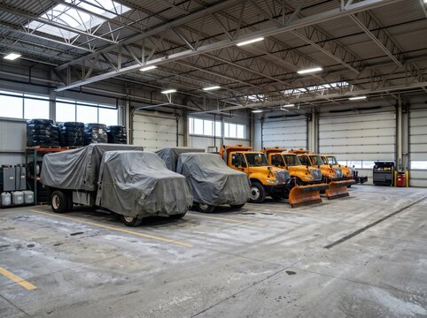 Municipal snowplow depot fleet under tarps in winter budget mothball scene